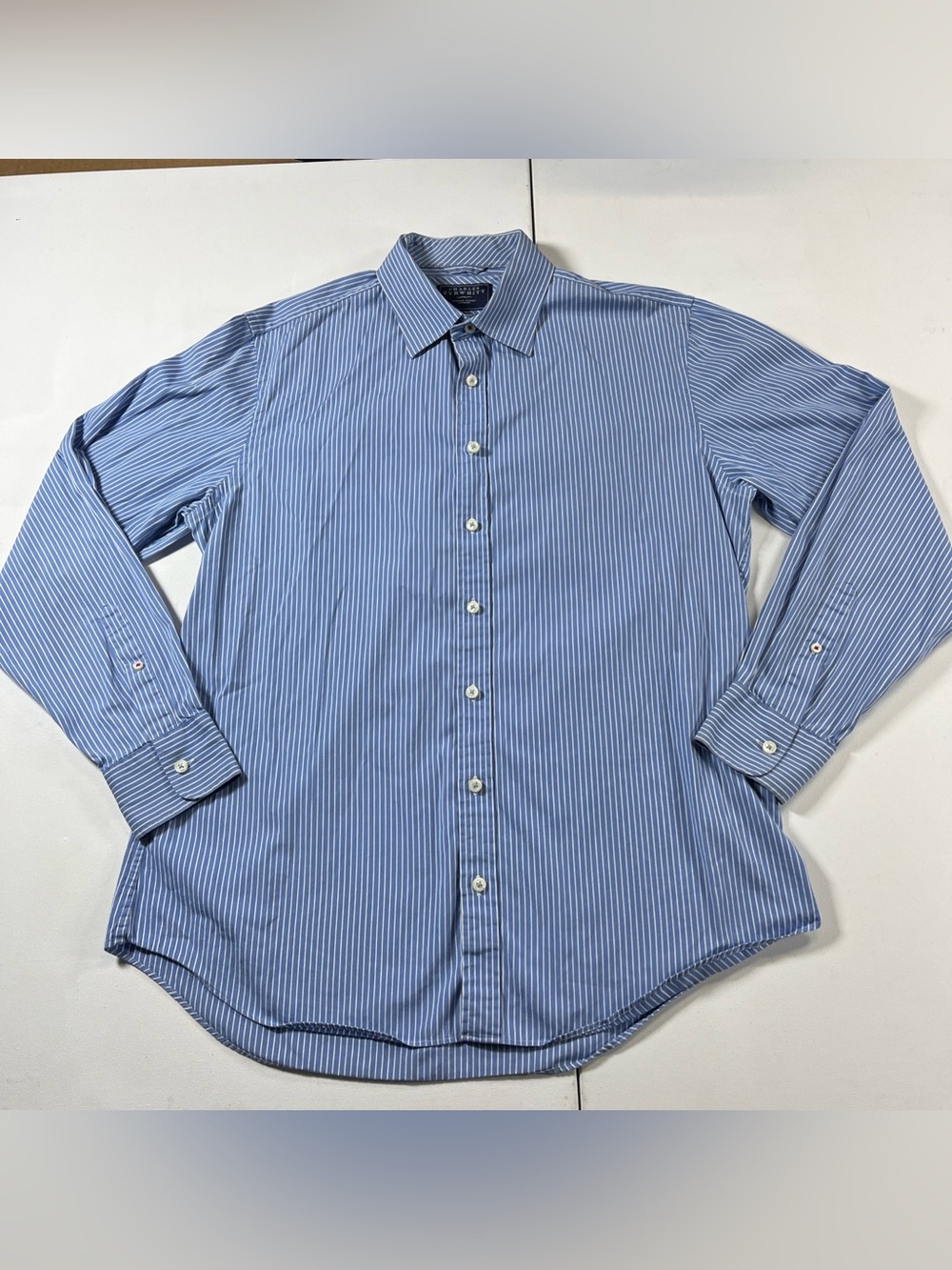 Charles Tyrwhitt Shirt Button Collar Striped Poplin Weave Blue White Mens L
